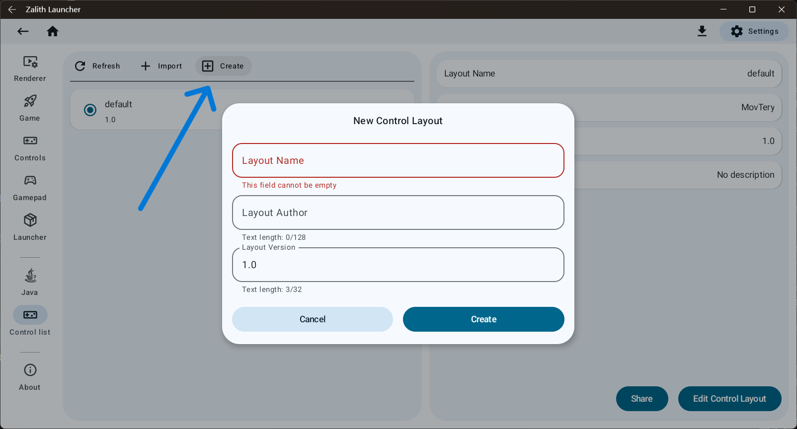 Create a new control layout